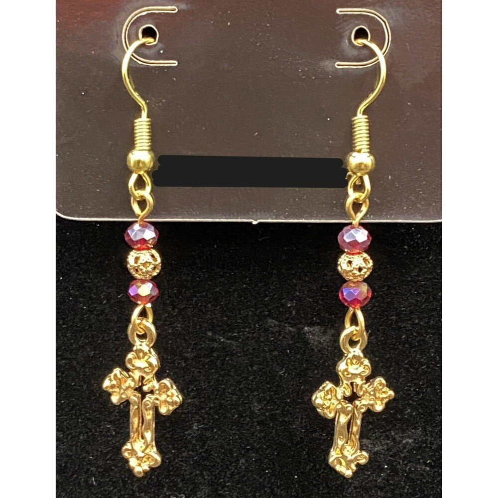 Handmade Cross Iridescent Red Crystal & Gold Tone Bead Earrings by Neanie-Bot